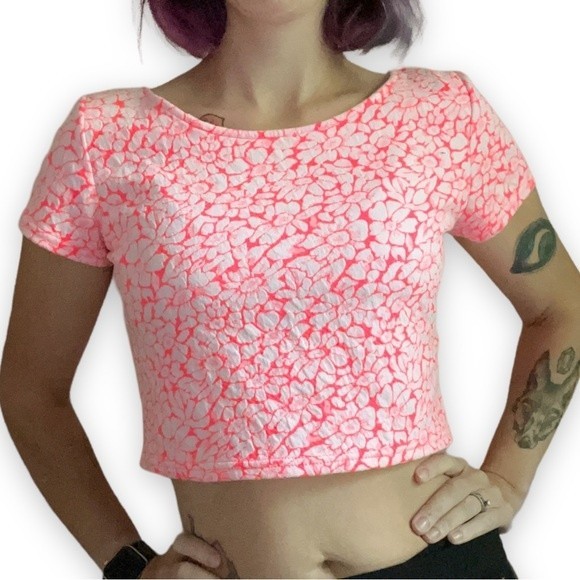 Forever 21 Neon Orange Floral Crop Top Fitted Short Sleeve Shirt Daisy Pattern M - Picture 7 of 11
